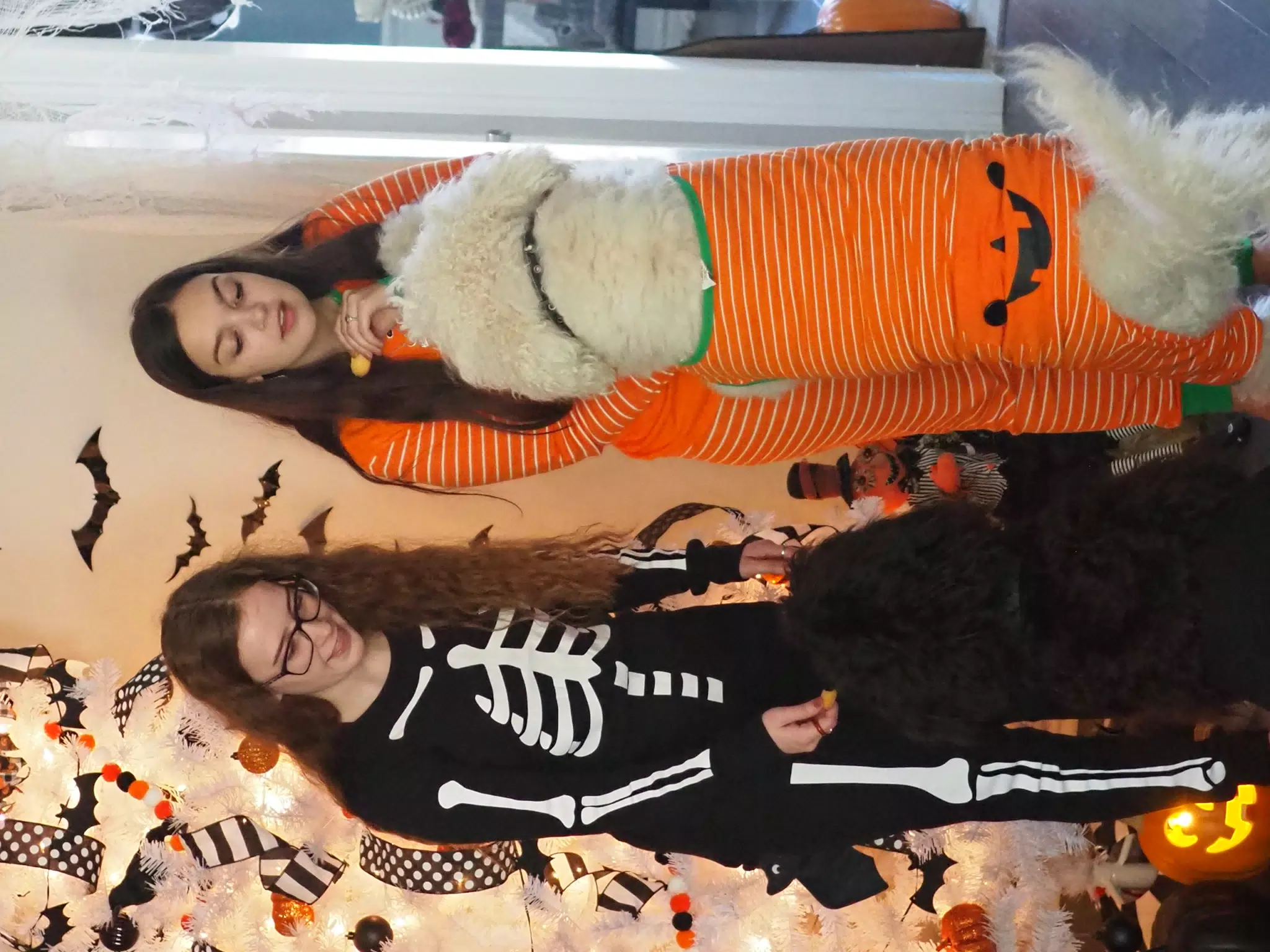 Madeline & Emily w Dogs in Halloween Pajama Photoshoot