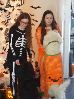 Madeline & Emily w Dogs in Halloween Pajama Photoshoot