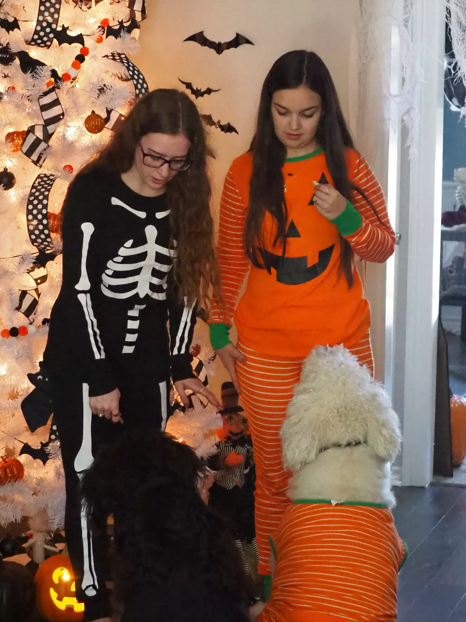 Madeline & Emily w Dogs in Halloween Pajama Photoshoot