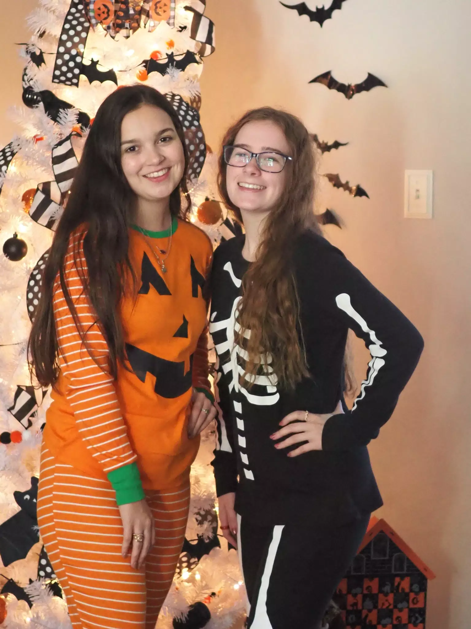 Madeline & Emily w Dogs in Halloween Pajama Photoshoot