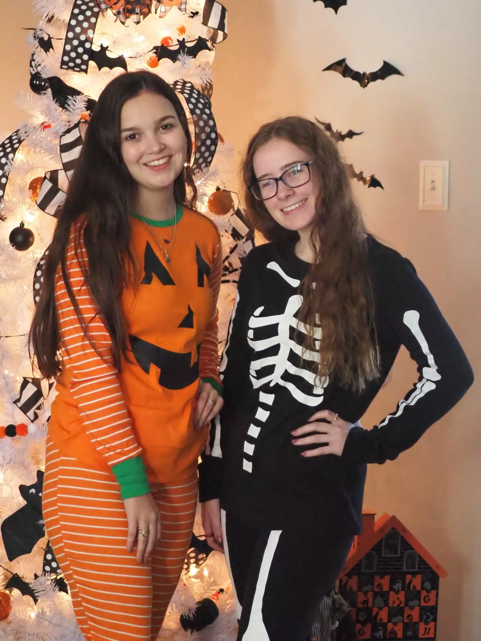 Madeline & Emily w Dogs in Halloween Pajama Photoshoot