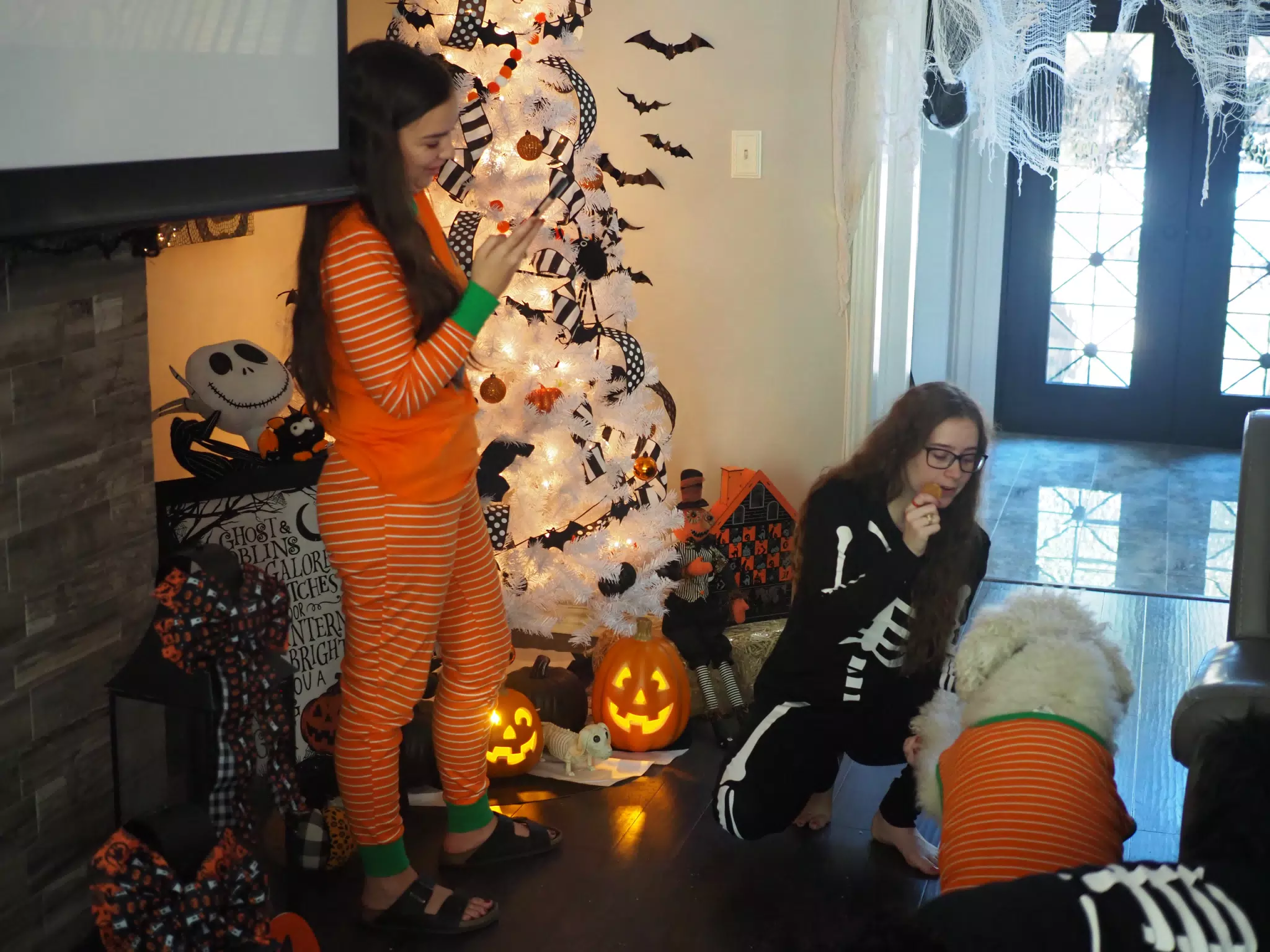 Madeline & Emily w Dogs in Halloween Pajama Photoshoot