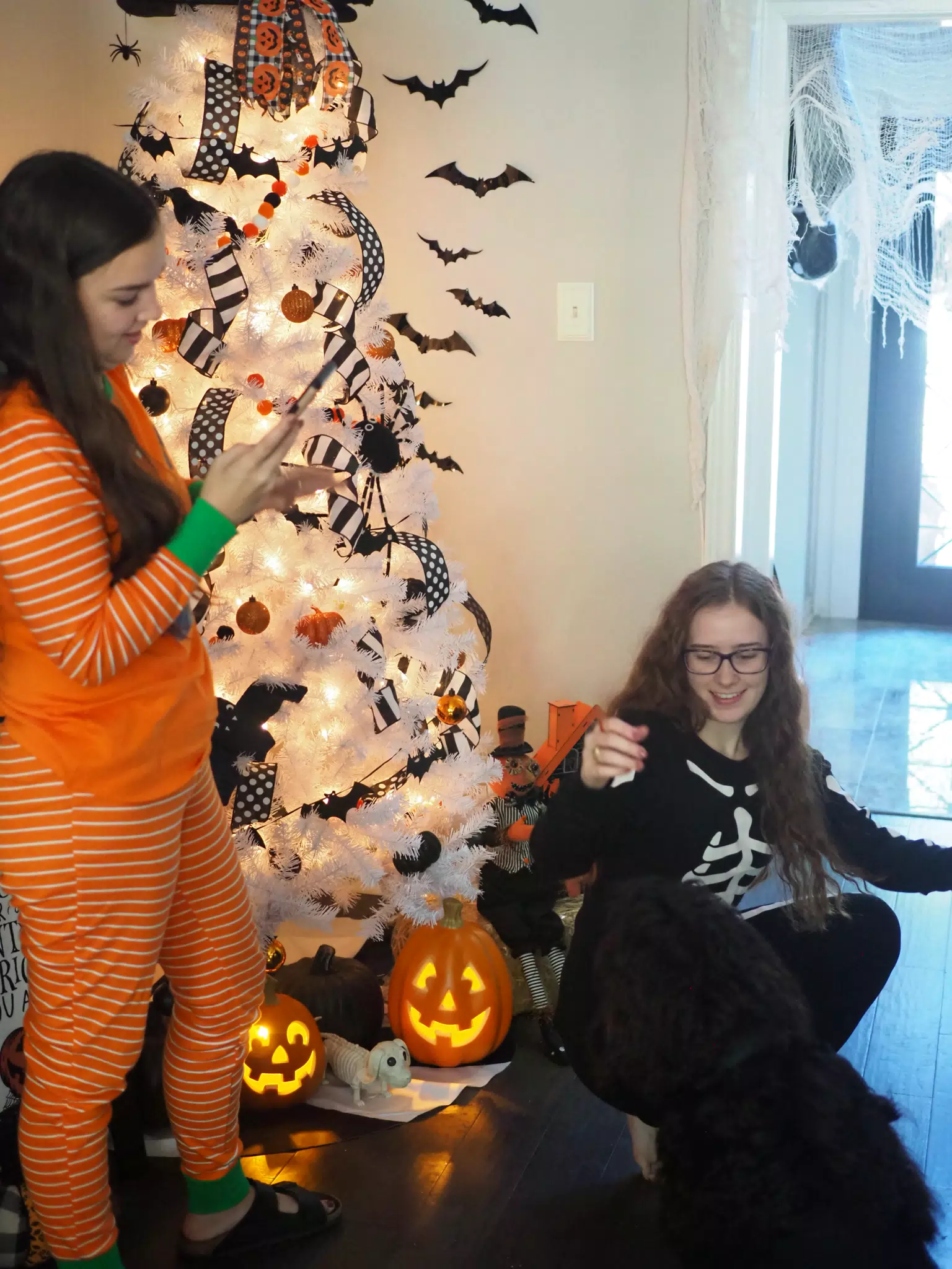Madeline & Emily w Dogs in Halloween Pajama Photoshoot