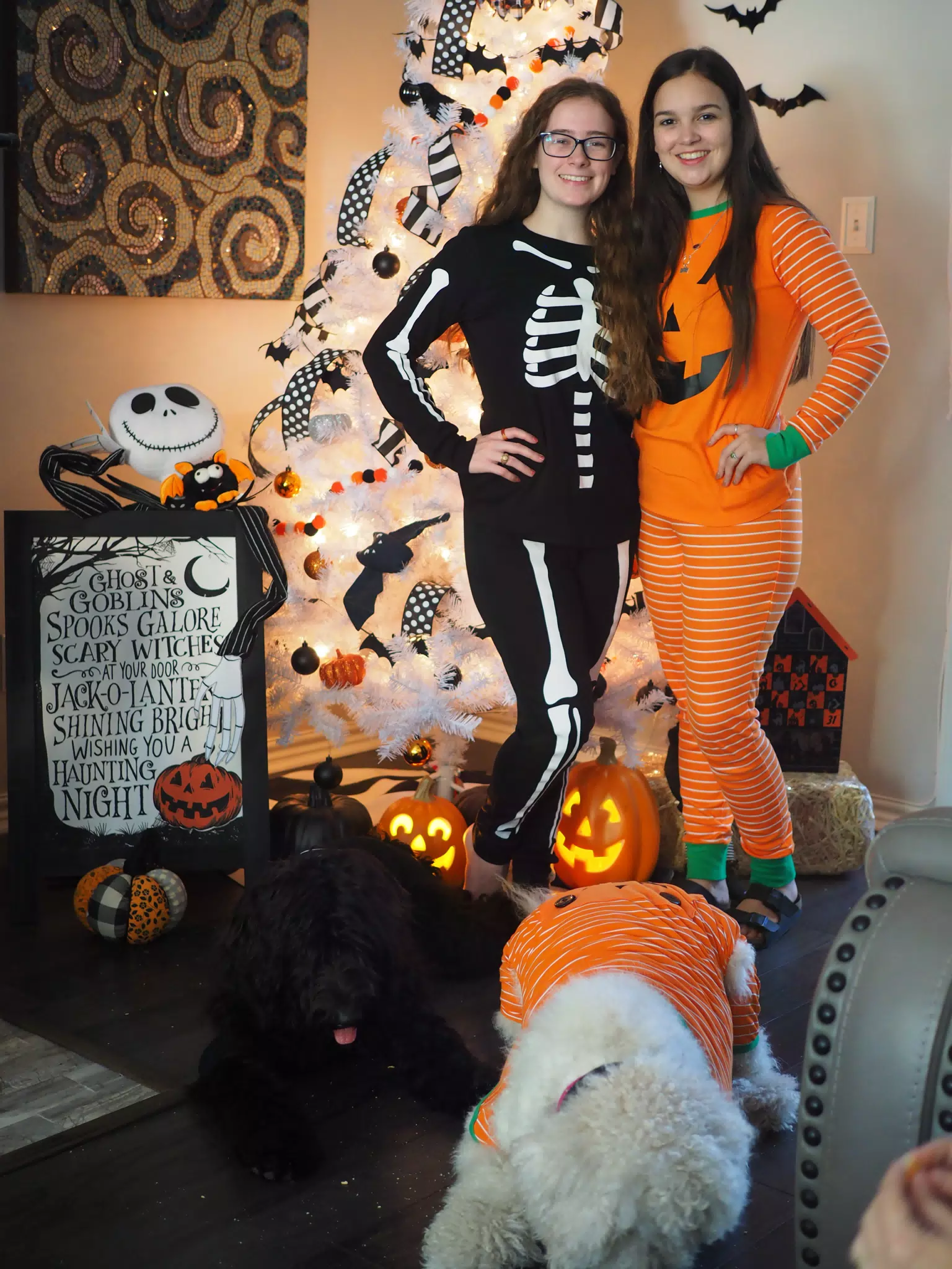 Madeline & Emily w Dogs in Halloween Pajama Photoshoot