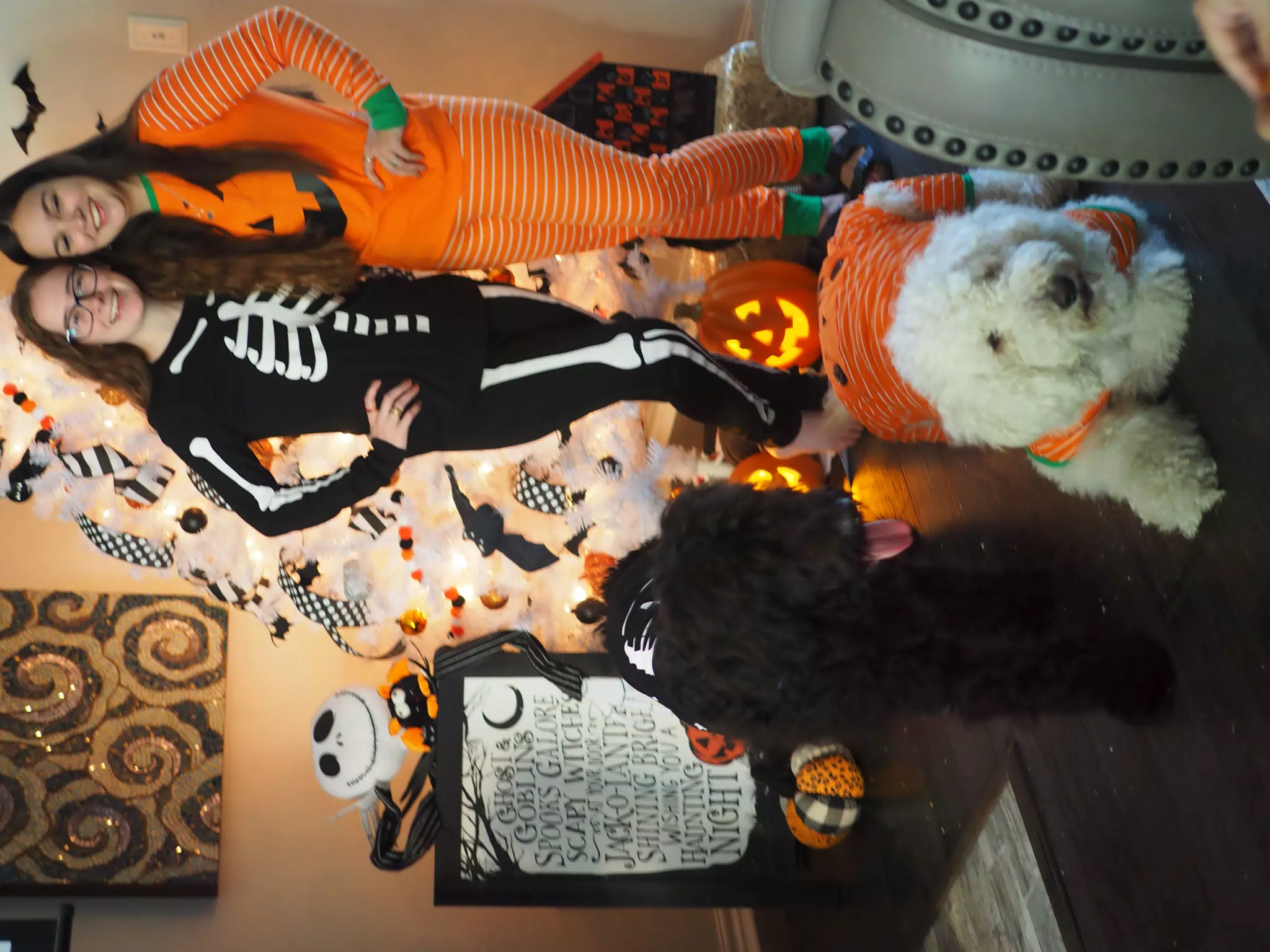 Madeline & Emily w Dogs in Halloween Pajama Photoshoot
