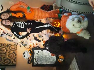 Madeline & Emily w Dogs in Halloween Pajama Photoshoot