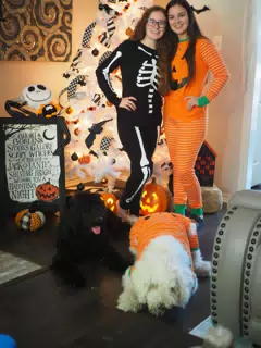 Madeline & Emily w Dogs in Halloween Pajama Photoshoot