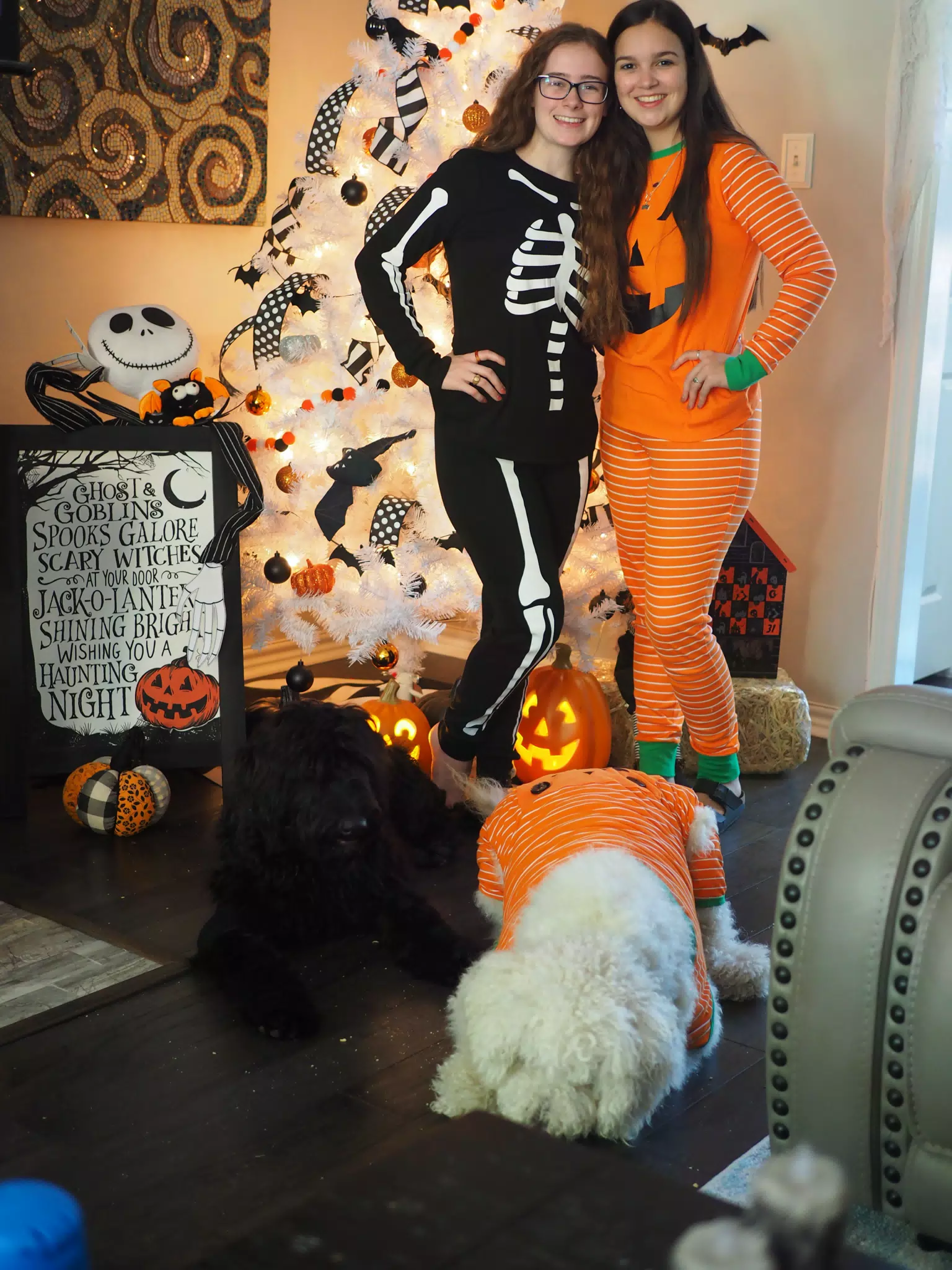 Madeline & Emily w Dogs in Halloween Pajama Photoshoot