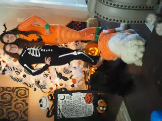 Madeline & Emily w Dogs in Halloween Pajama Photoshoot