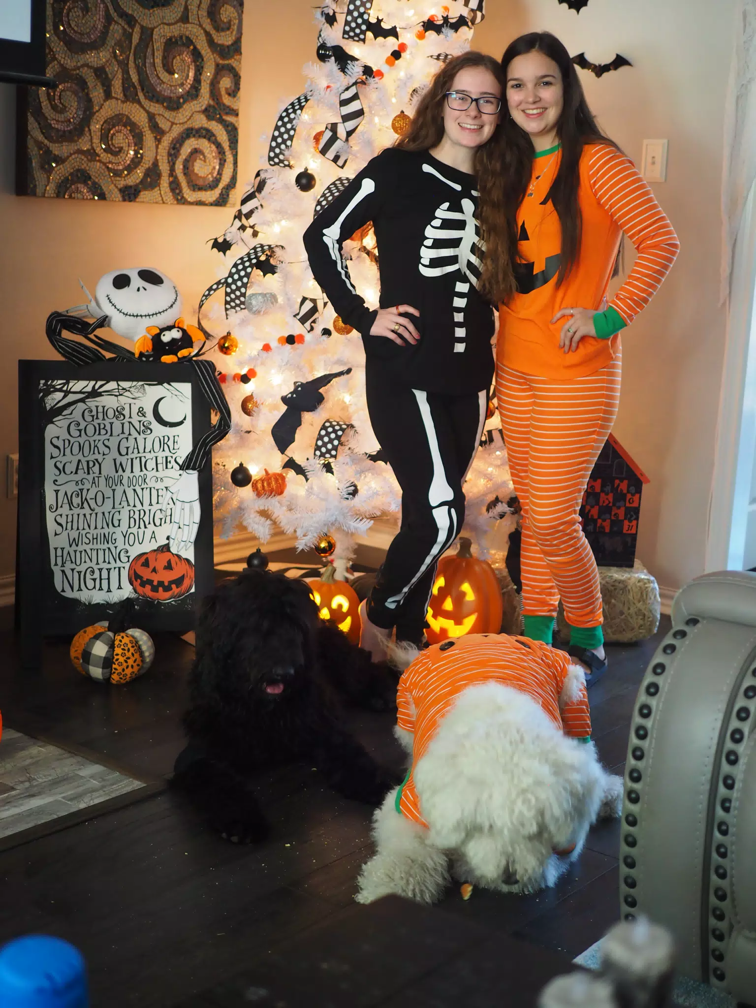 Madeline & Emily w Dogs in Halloween Pajama Photoshoot