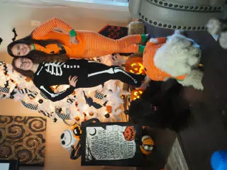 Madeline & Emily w Dogs in Halloween Pajama Photoshoot