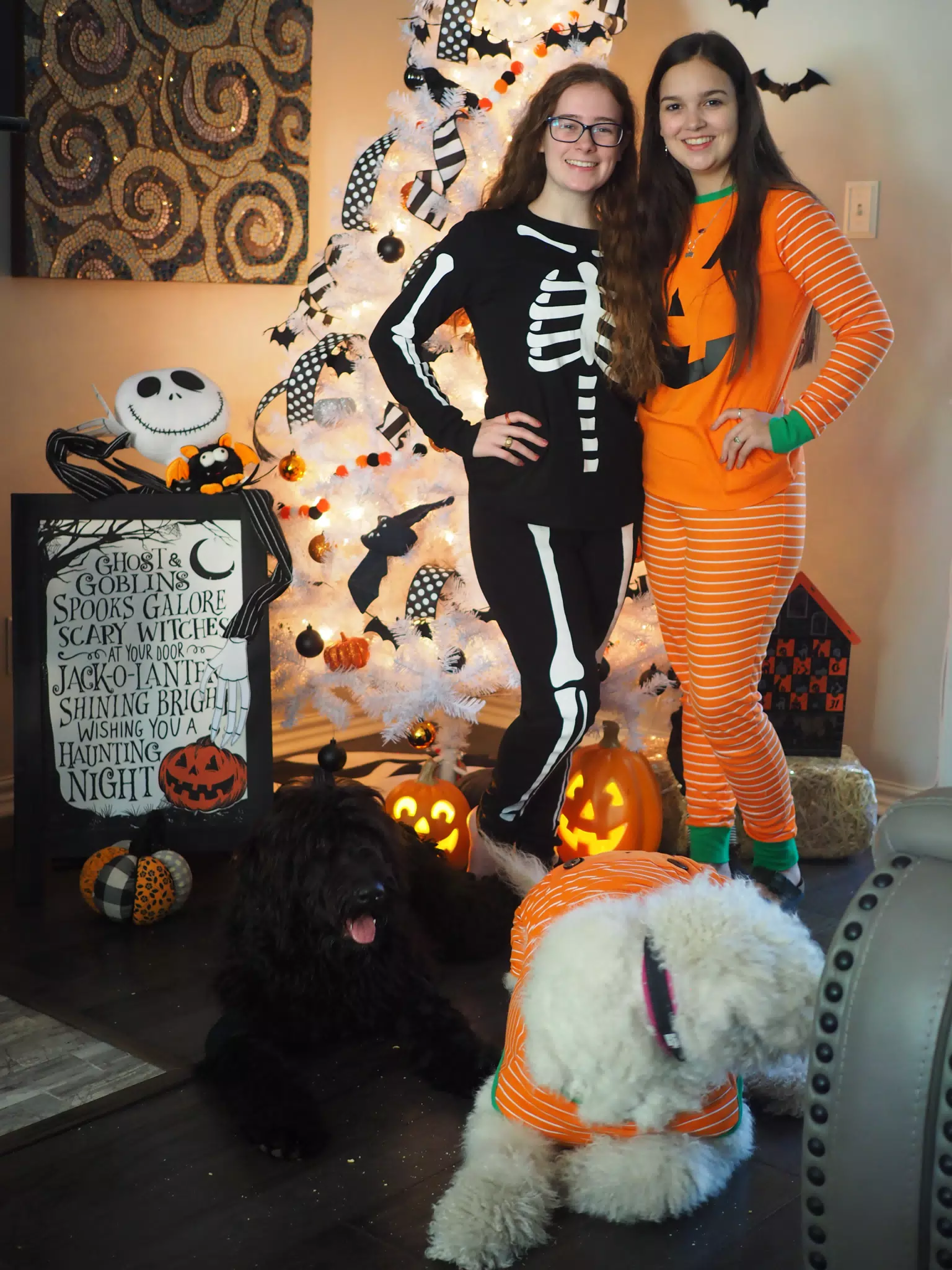 Madeline & Emily w Dogs in Halloween Pajama Photoshoot