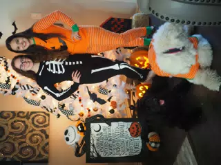 Madeline & Emily w Dogs in Halloween Pajama Photoshoot