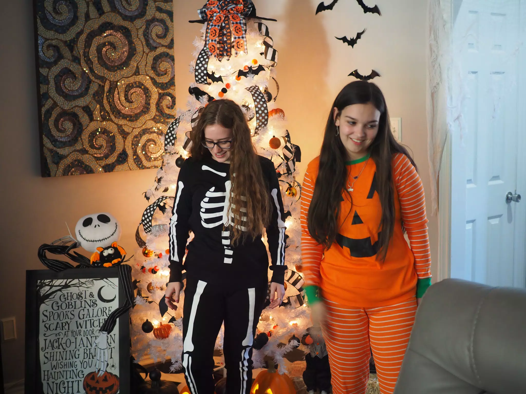 Madeline & Emily w Dogs in Halloween Pajama Photoshoot