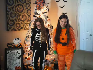 Madeline & Emily w Dogs in Halloween Pajama Photoshoot