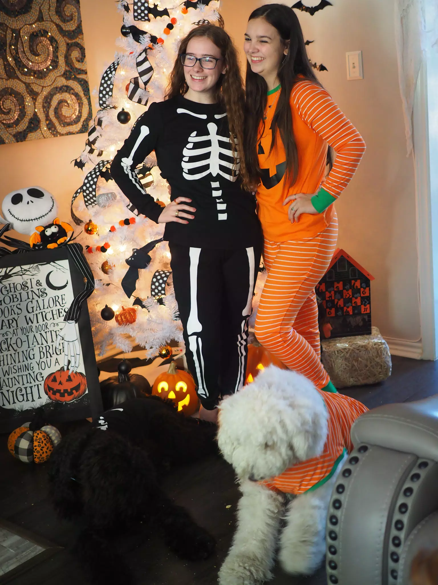 Madeline & Emily w Dogs in Halloween Pajama Photoshoot
