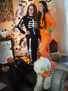 Madeline & Emily w Dogs in Halloween Pajama Photoshoot