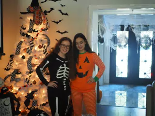 Madeline & Emily w Dogs in Halloween Pajama Photoshoot