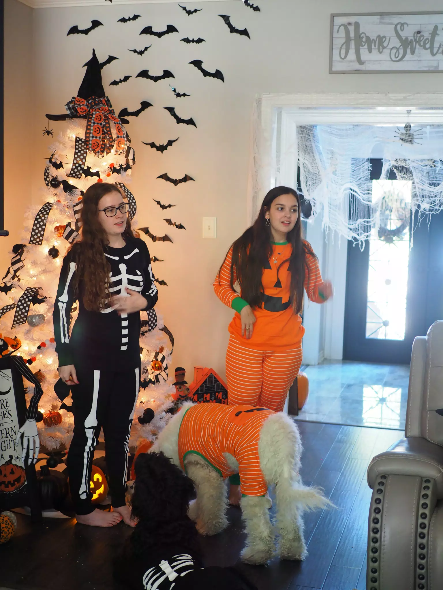 Madeline & Emily w Dogs in Halloween Pajama Photoshoot