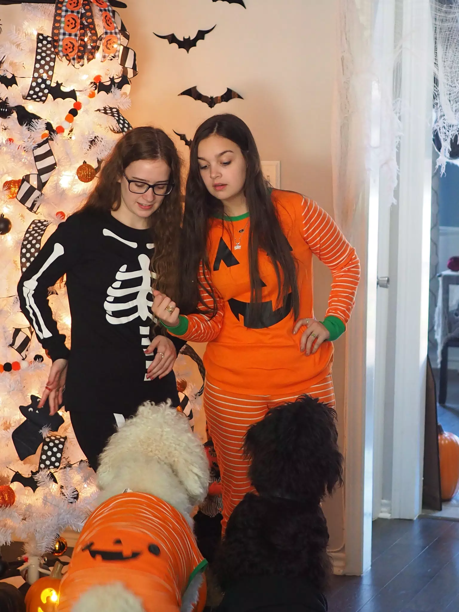 Madeline & Emily w Dogs in Halloween Pajama Photoshoot