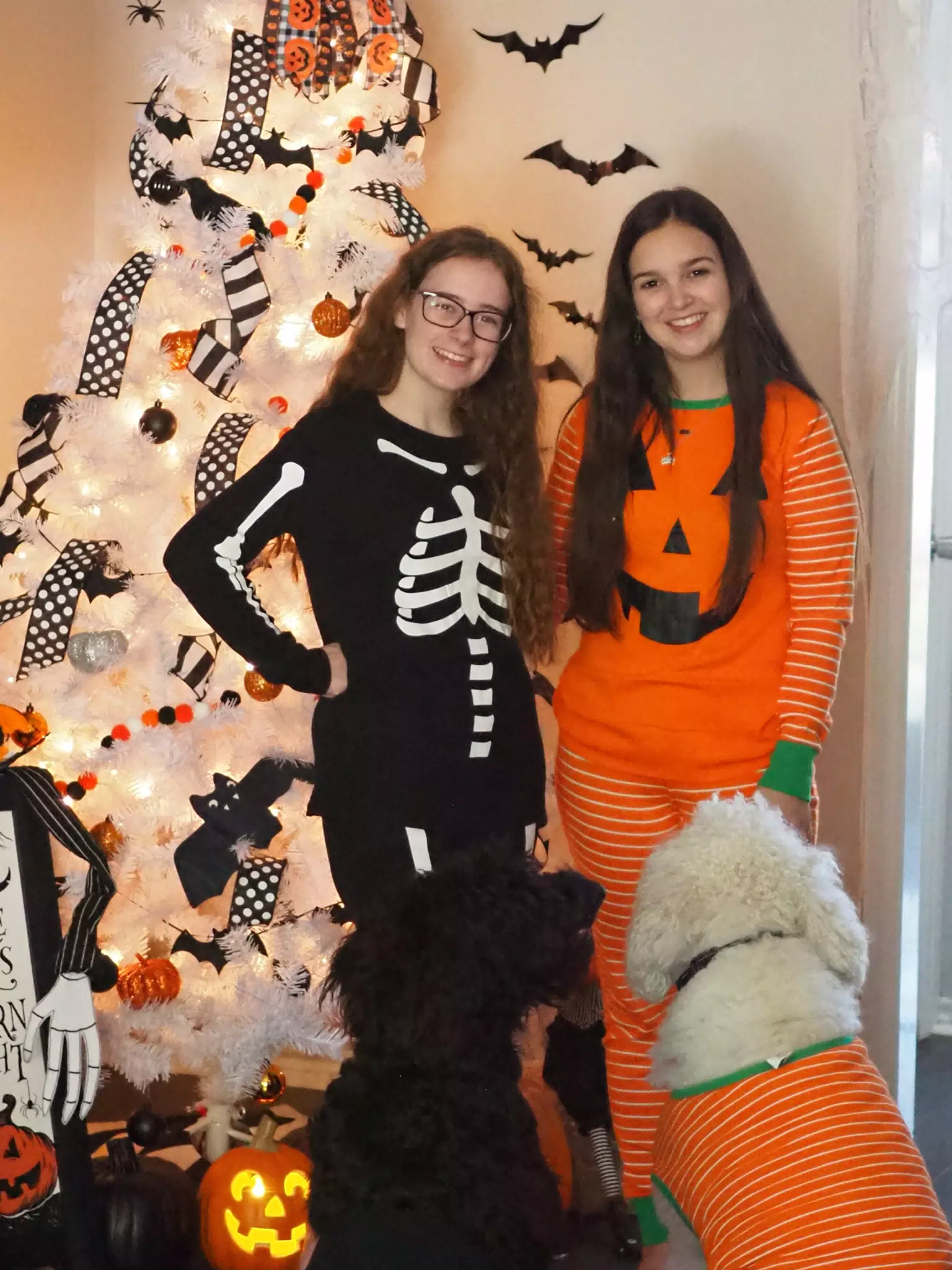Madeline & Emily w Dogs in Halloween Pajama Photoshoot