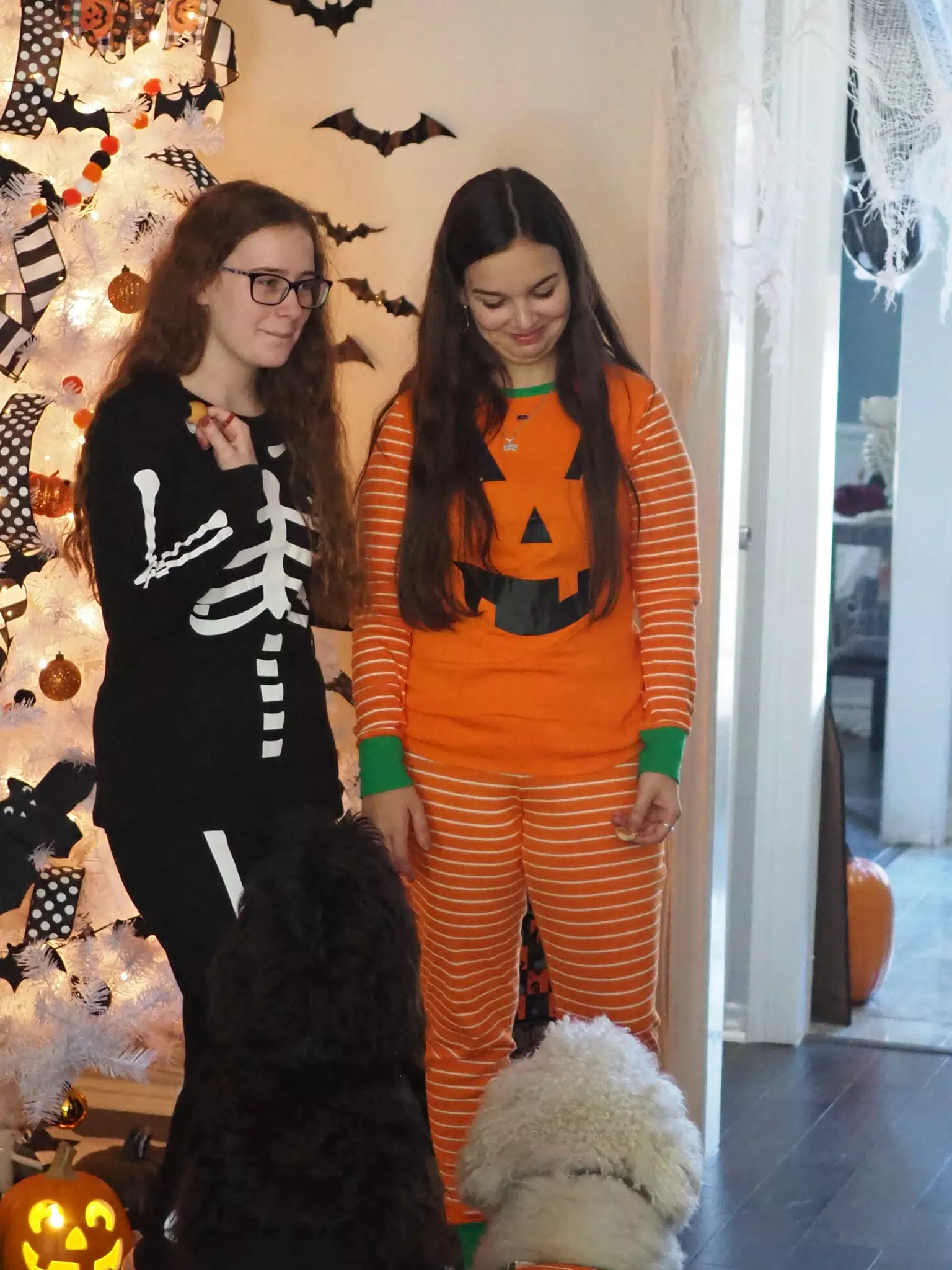 Madeline & Emily w Dogs in Halloween Pajama Photoshoot