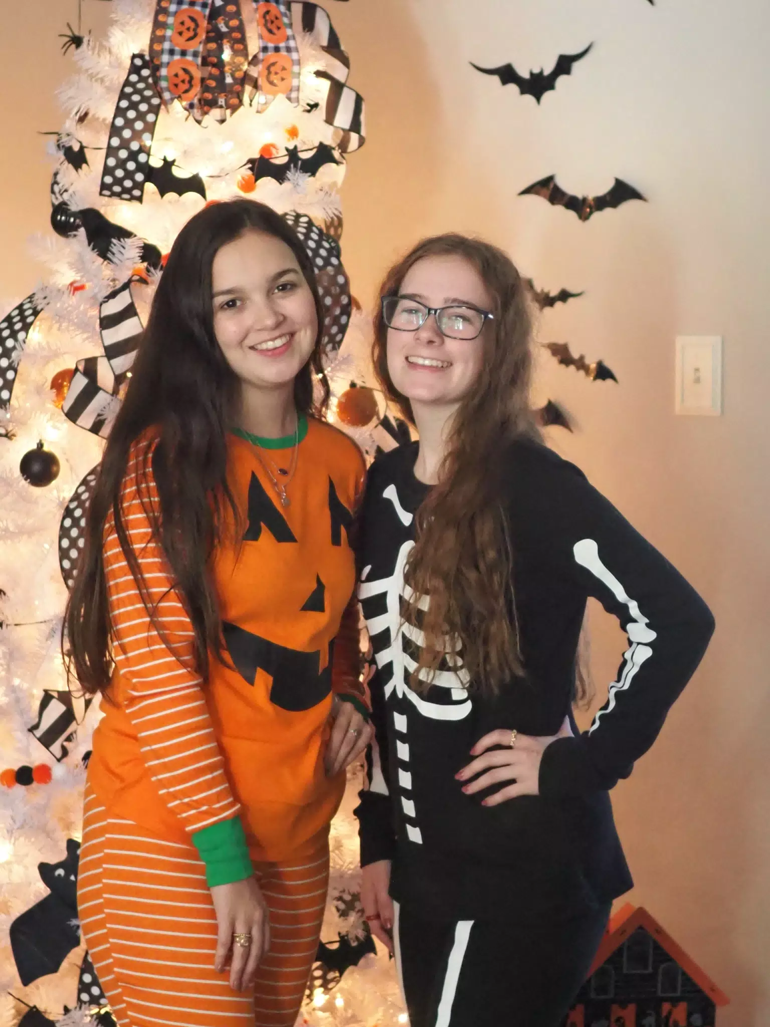 Madeline & Emily w Dogs in Halloween Pajama Photoshoot