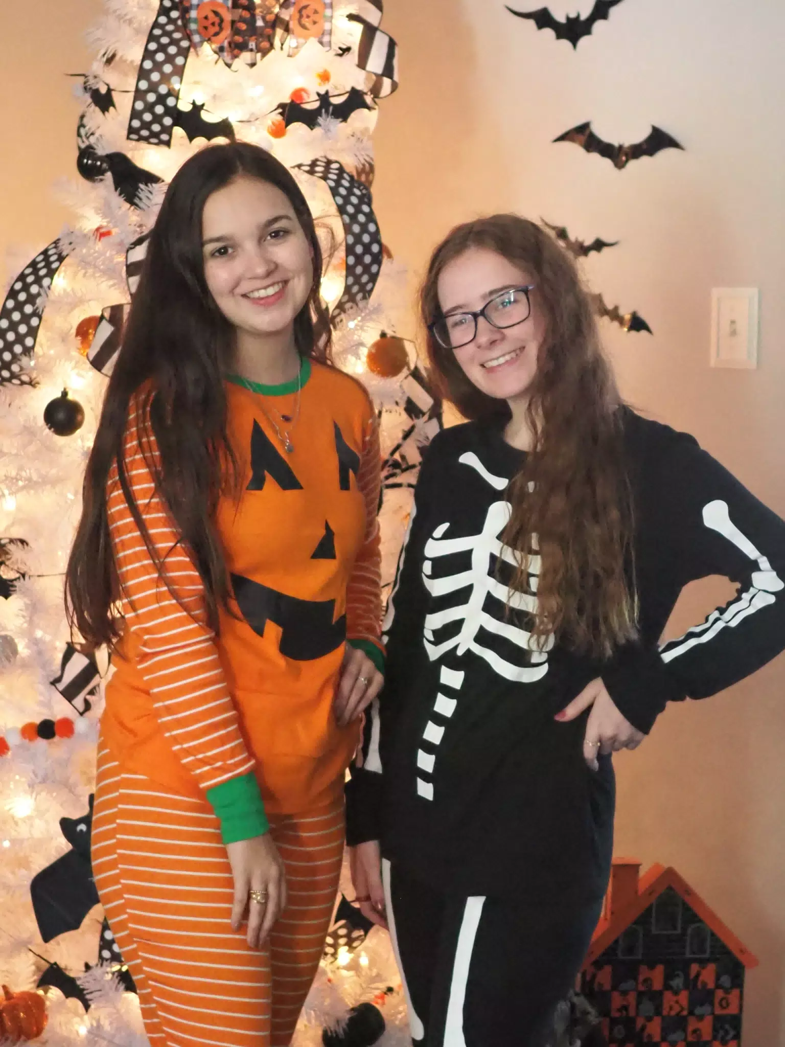 Madeline & Emily w Dogs in Halloween Pajama Photoshoot