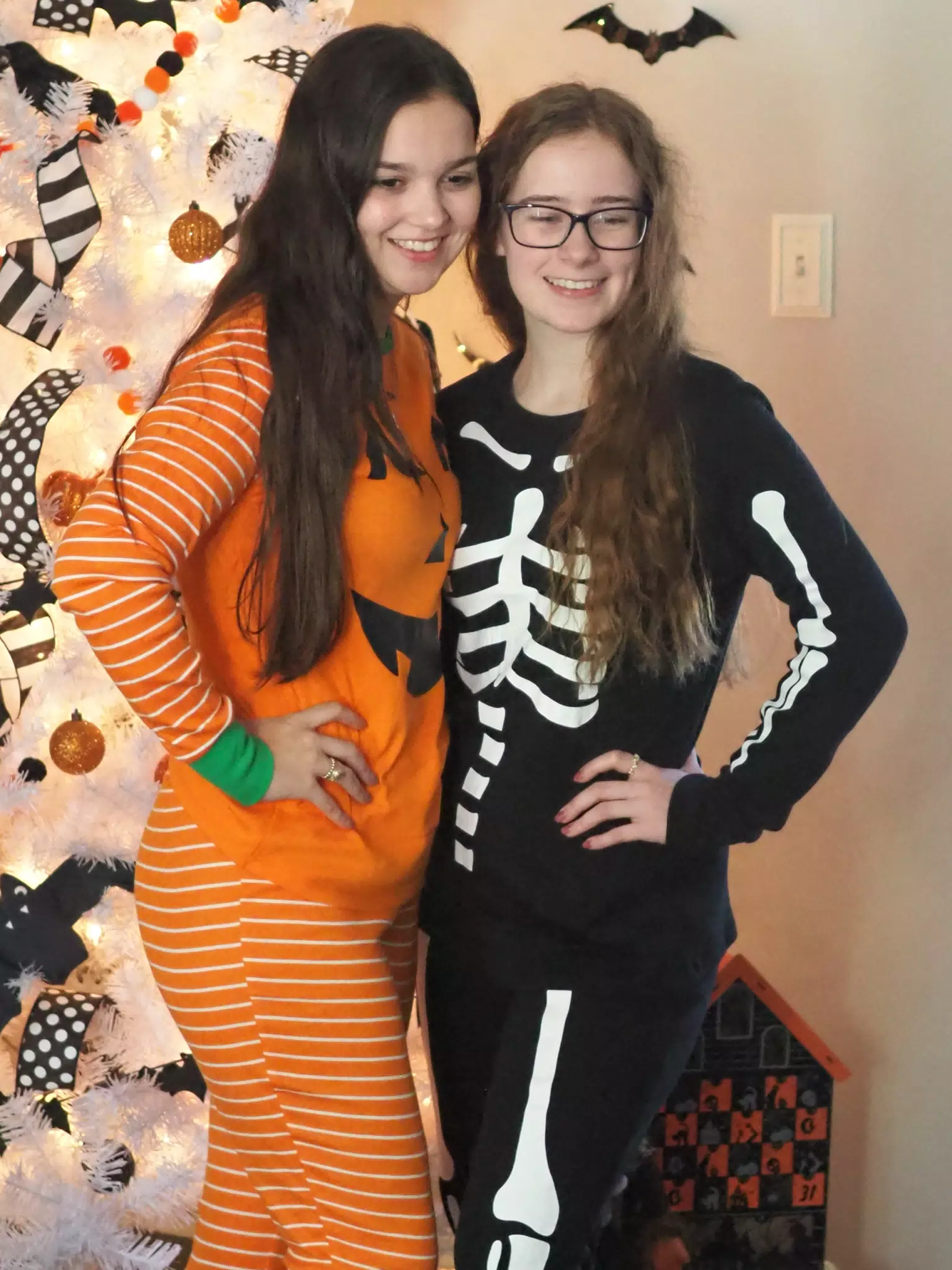 Madeline & Emily w Dogs in Halloween Pajama Photoshoot