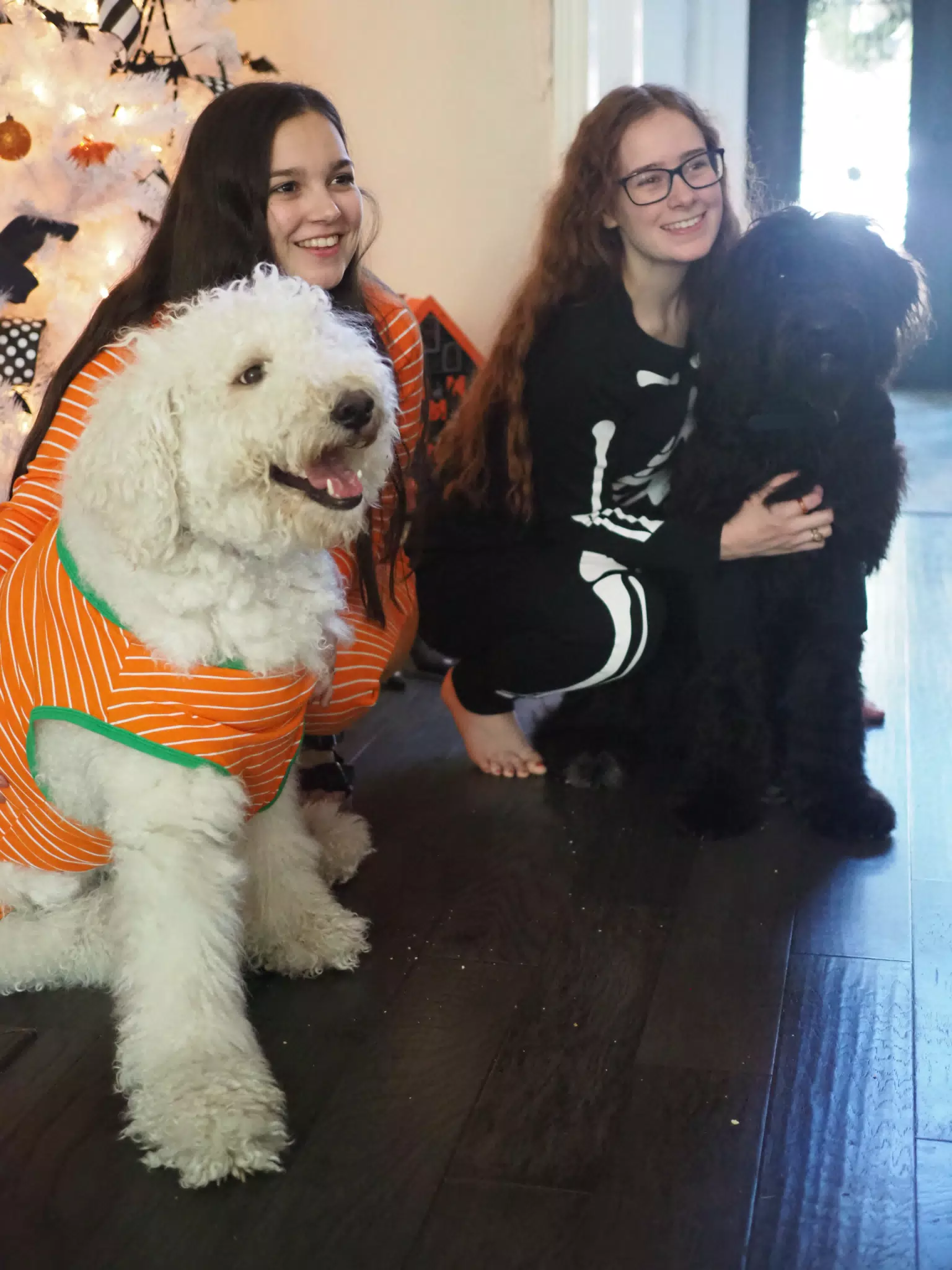 Madeline & Emily w Dogs in Halloween Pajama Photoshoot