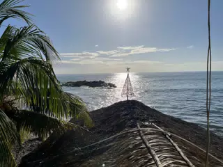 Rooftop Tropical Christmas Tree with Setting Sun on Pacific Ocean