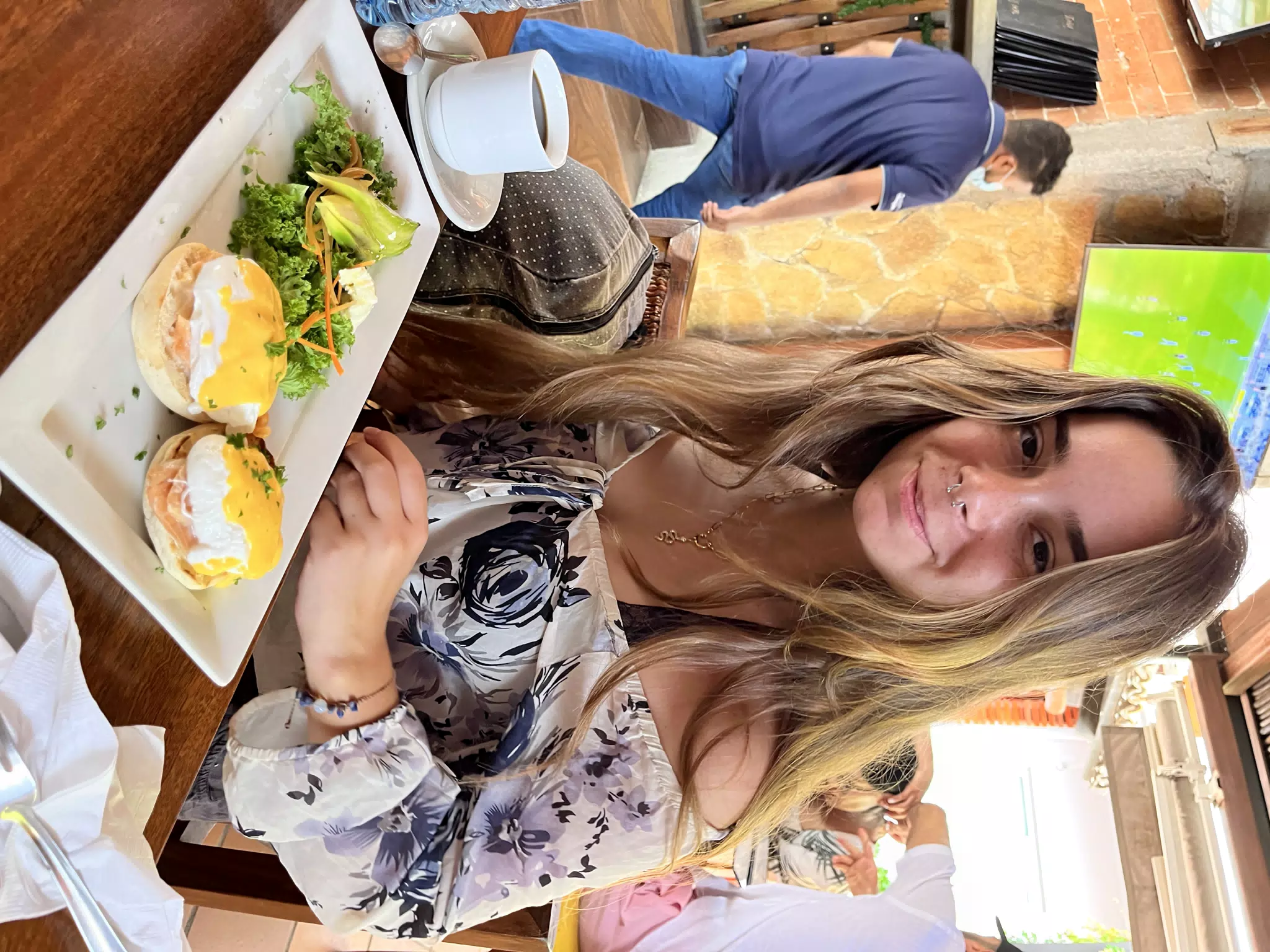 Camille with Eggs Benedict at Ikal in San Juan del Sur, Nicaragua