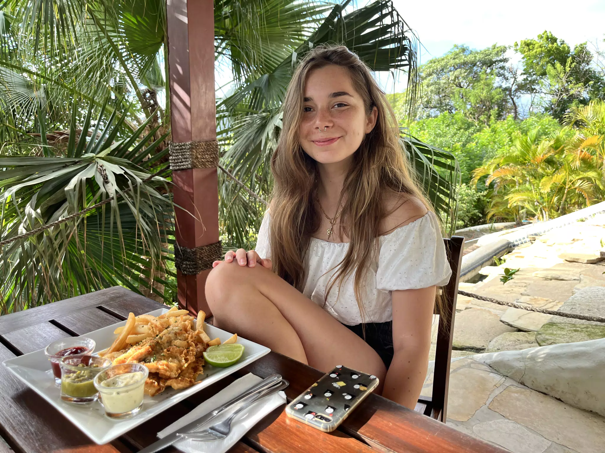 Cami with Fish and Chips at La Cascada at Pelican Eyes in San Juan del Sur Nicaragua