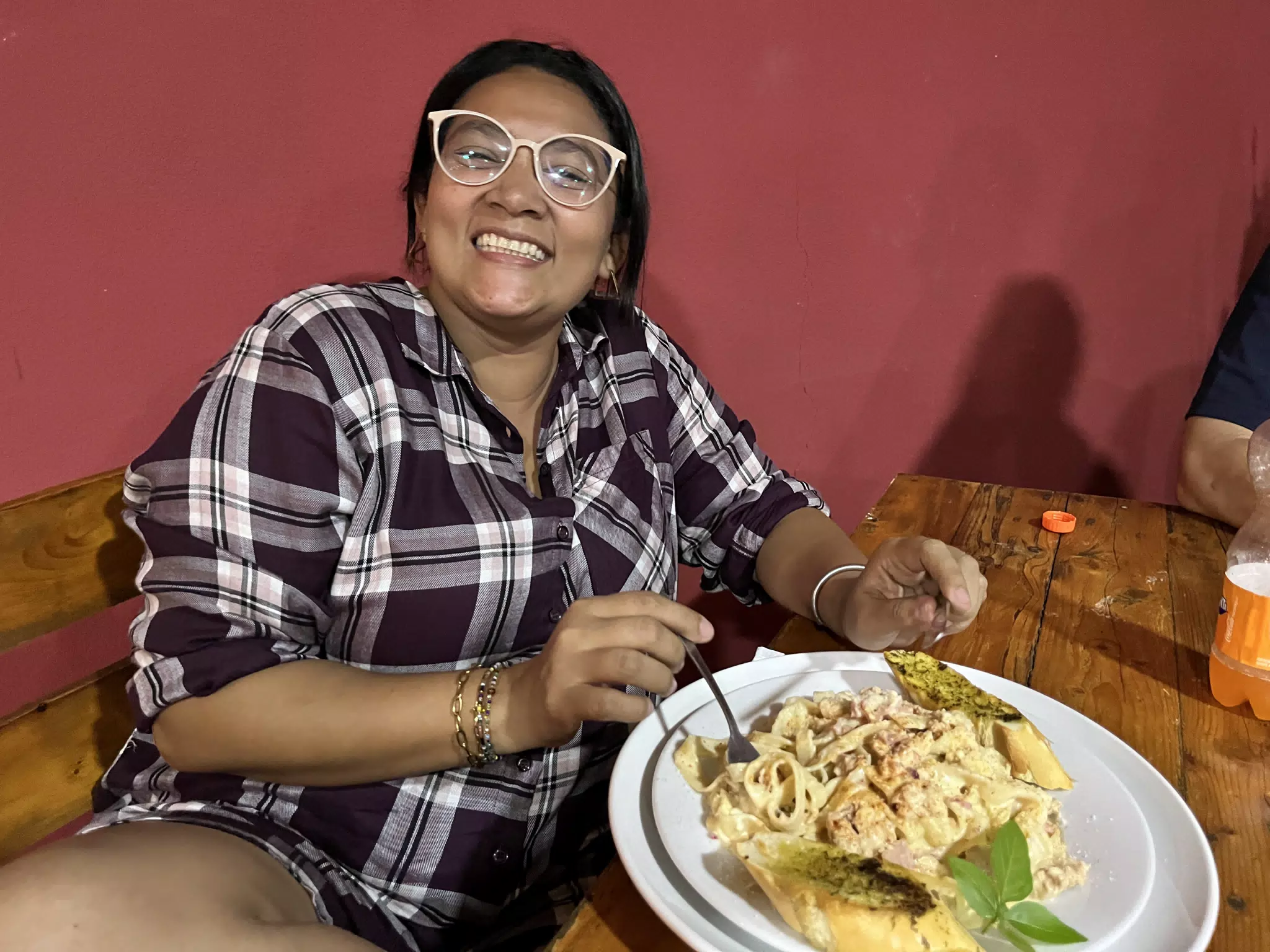 Marcela with Pasta at Twins Restaurant in Sutiava