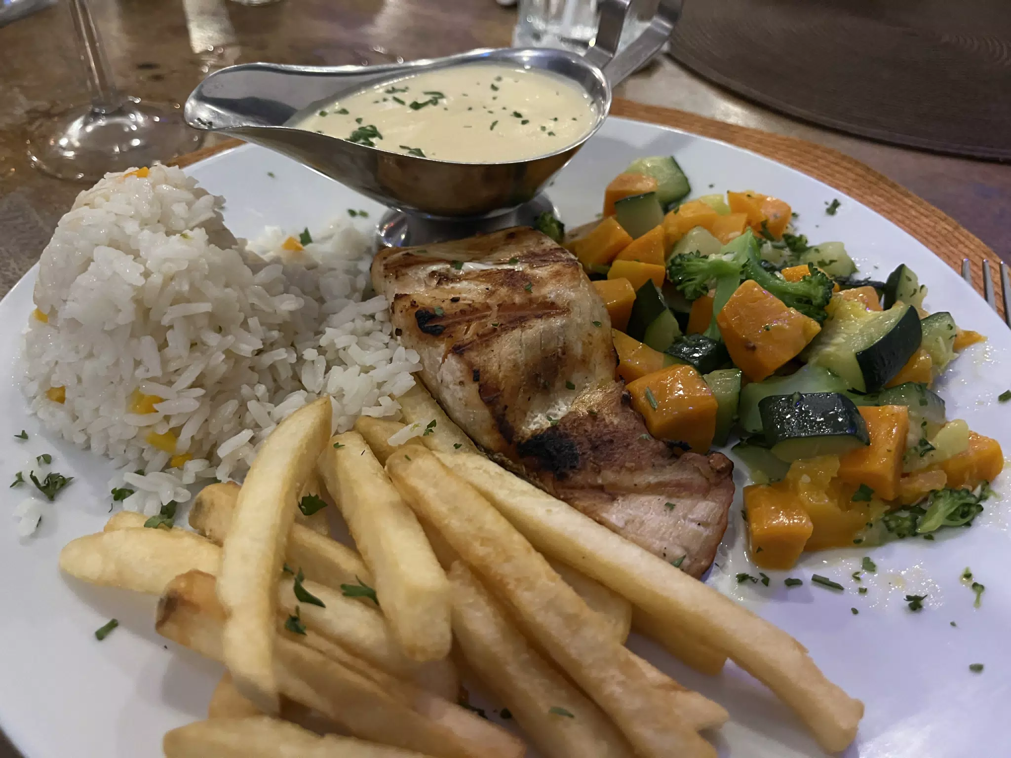 Grilled Salmon with Mustard Sauce at Barbaro in Leon, Nicaragua