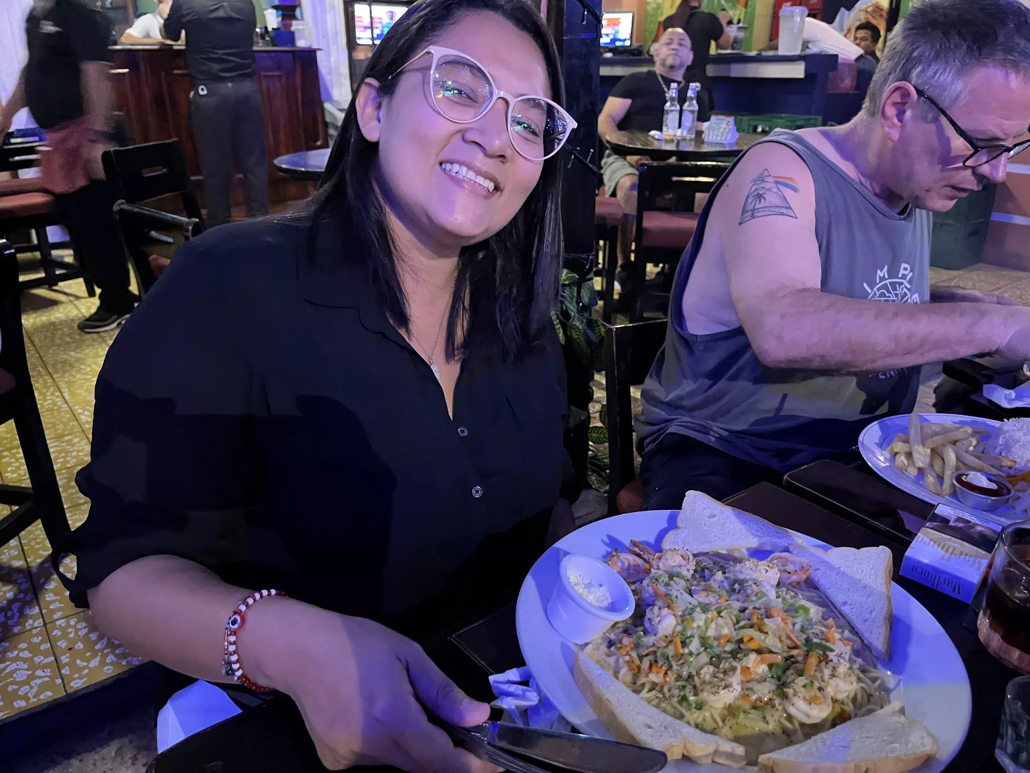Marcela with Shrimp Pasta at Geckos in Leon Nicaragua