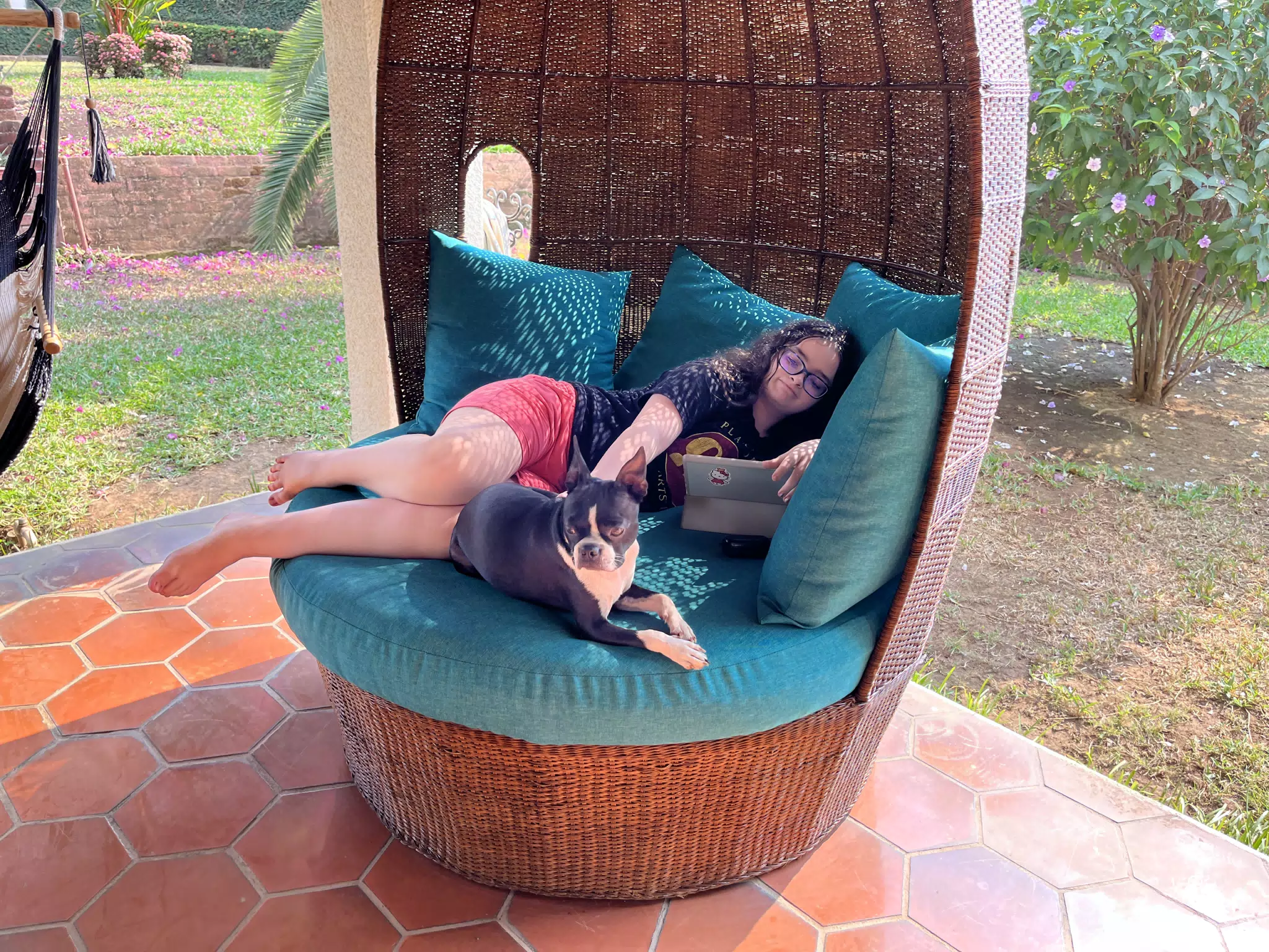 Luciana and Clive on the Egg Chair on the Veranda