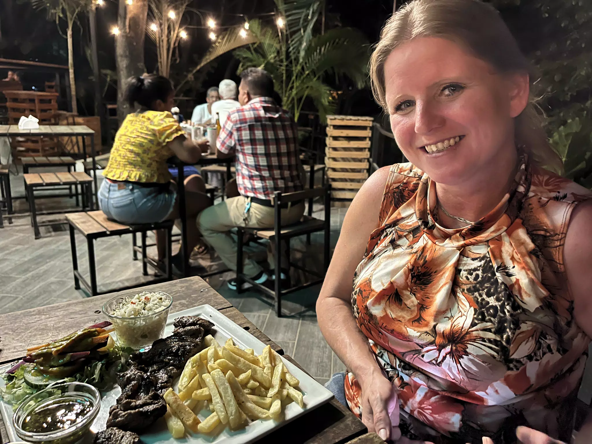 Kim with Churrasco Steak at En el Vivero, Leon, Nicaragua