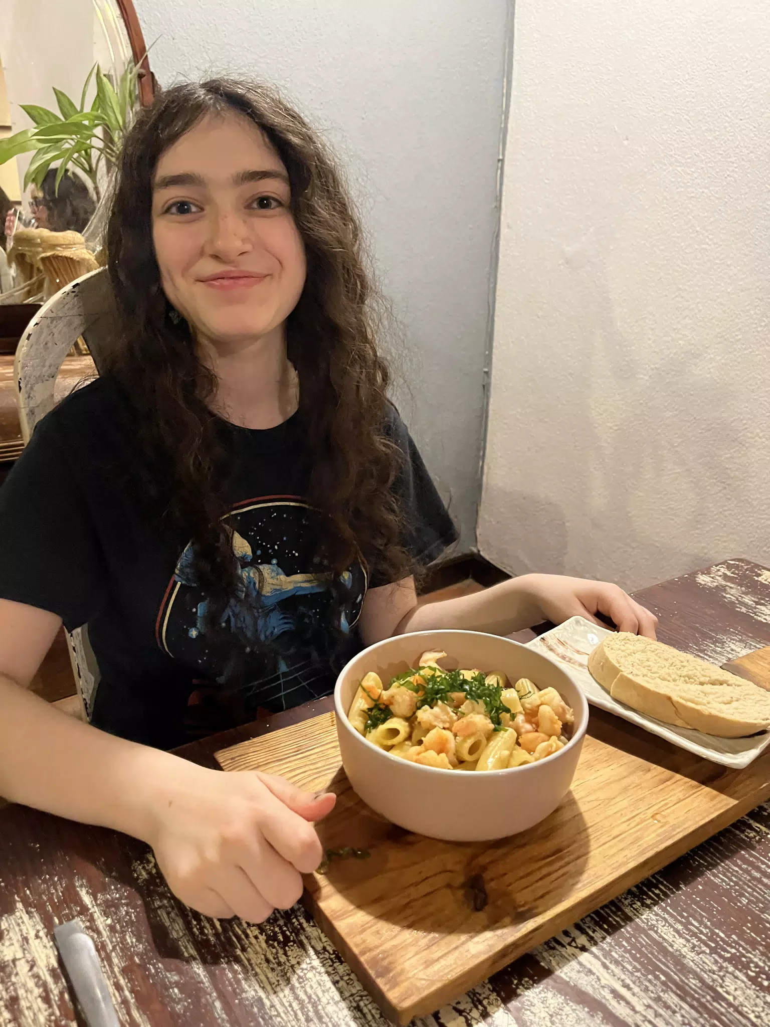 Liesl with Rigatoni in White Wine Garlic Sauce & Shrimp at Sua Leon Nicaragua