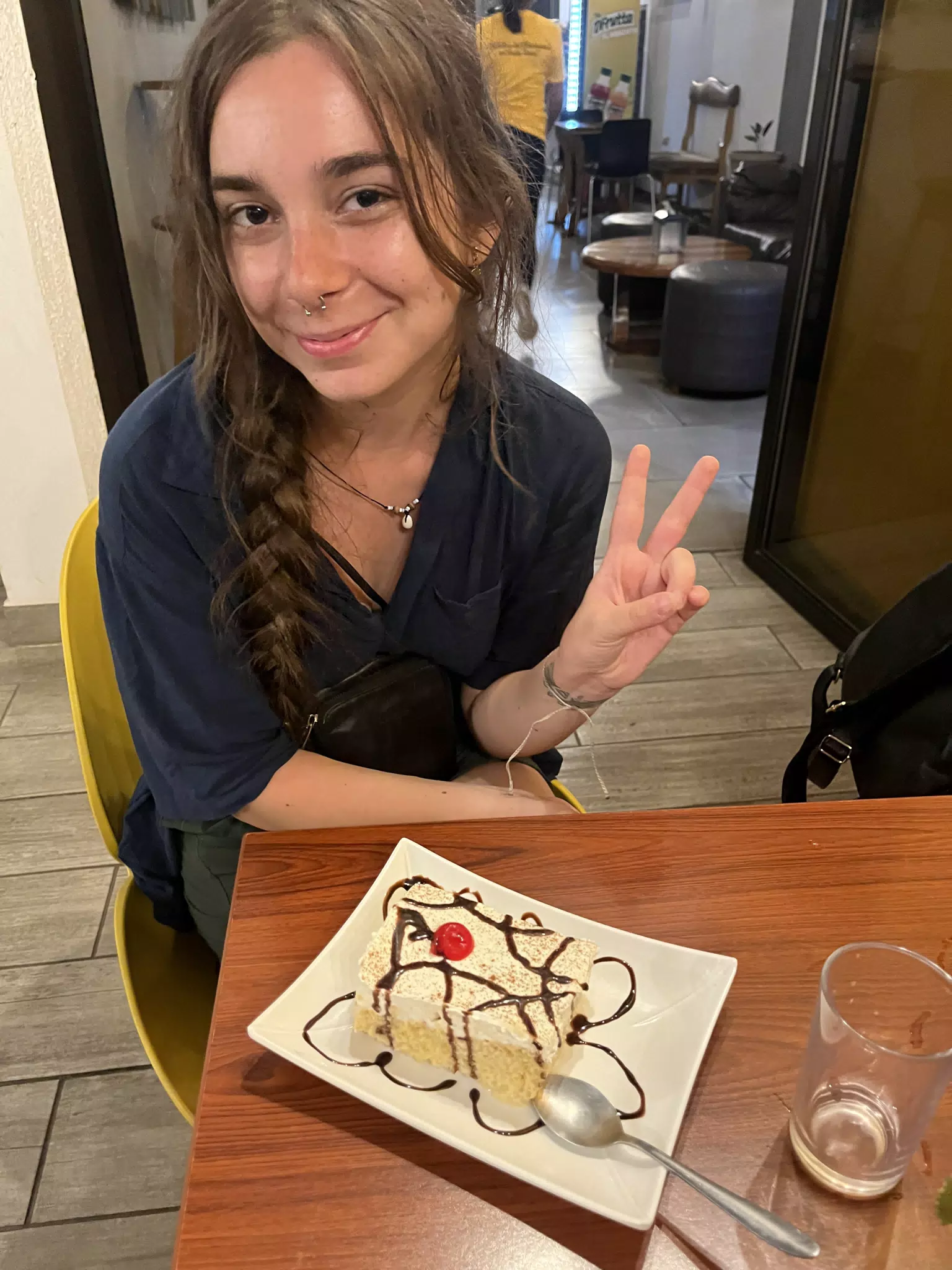Camille with Tres Leches at Dr. Coffee in Sutiava, Nicaragua