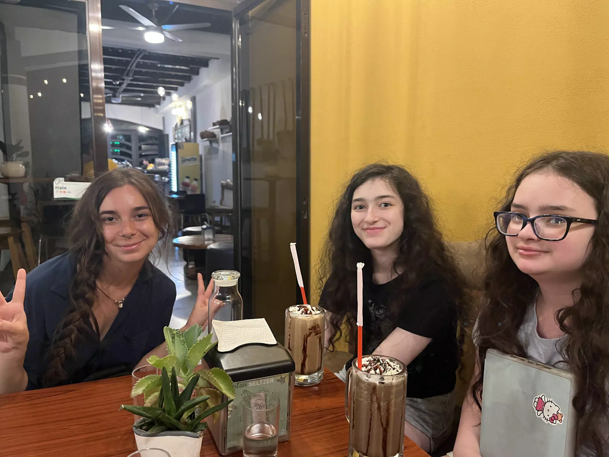 Camille, Liesl & Luciana with Frappes at Dr Coffee in Sutiava, Leon, Nicaragua