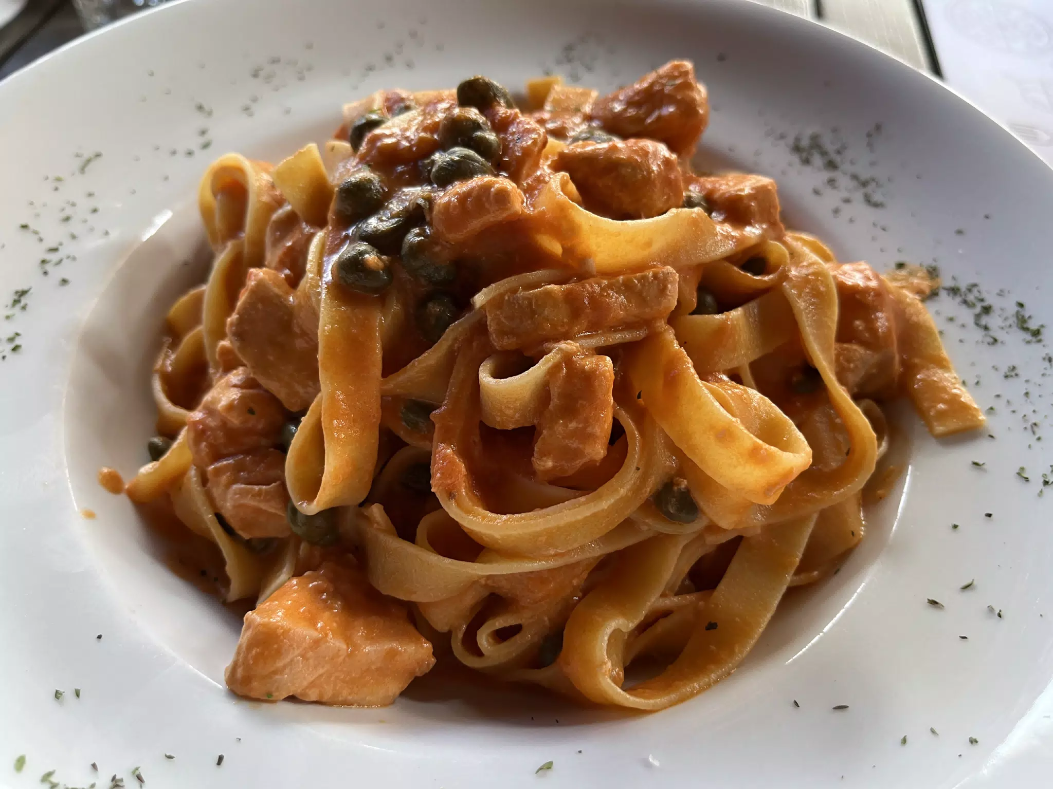Salmon Fettucini with Vodka Sauce, Pane & Vino, Managua, Nicaragua