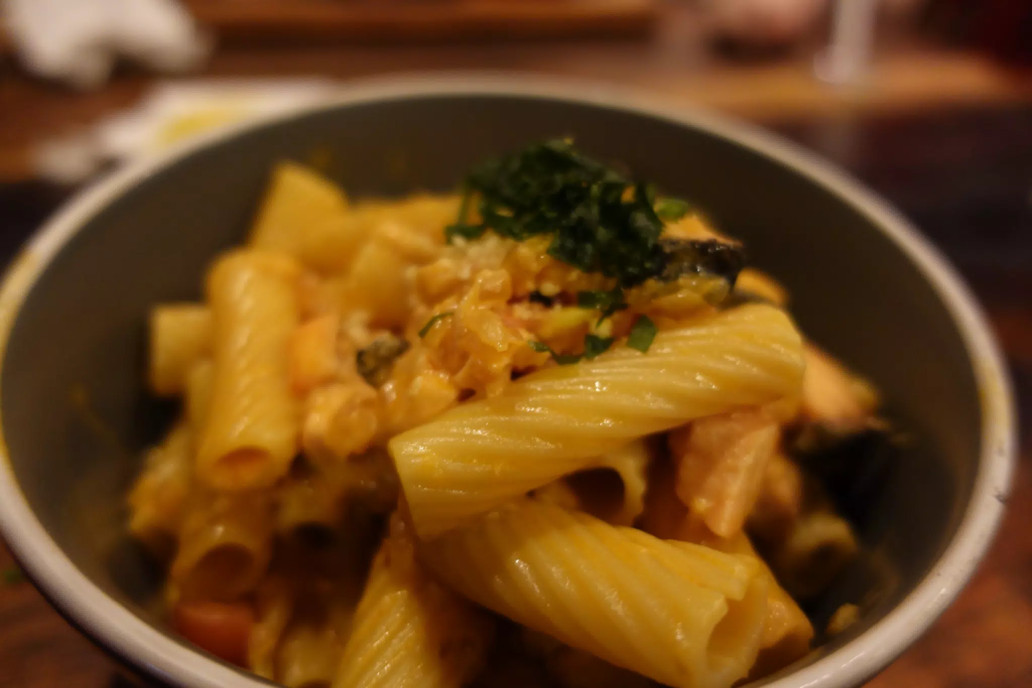 Salmon Pasta with Garlic Bread at SUA León Nicaragua