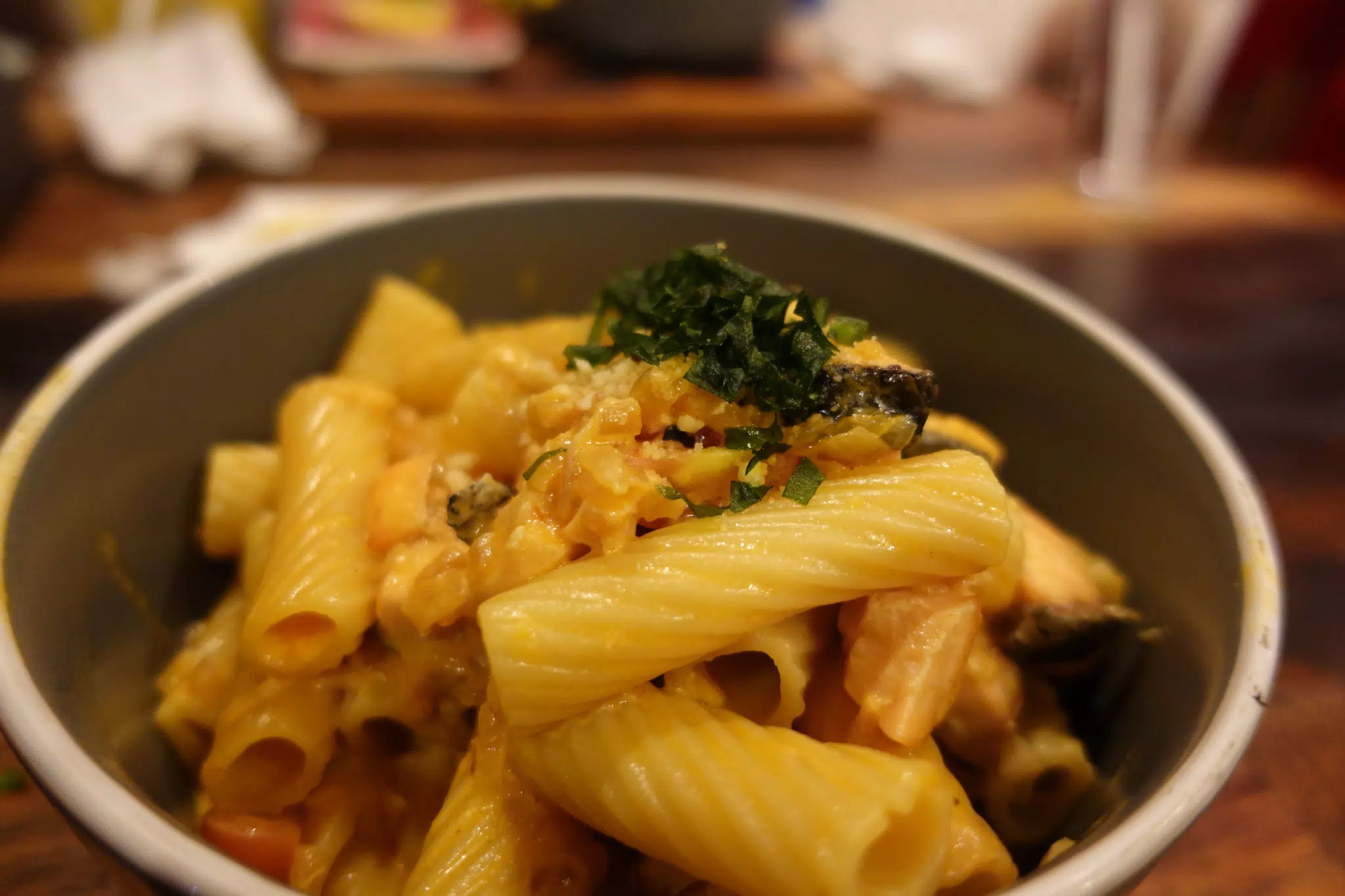 Salmon Pasta with Garlic Bread at SUA León Nicaragua