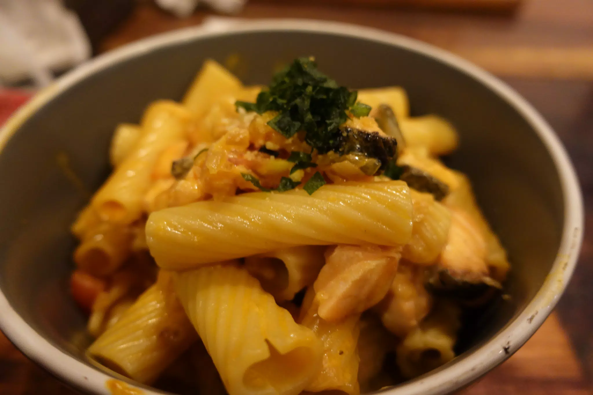 Salmon Pasta with Garlic Bread at SUA León Nicaragua