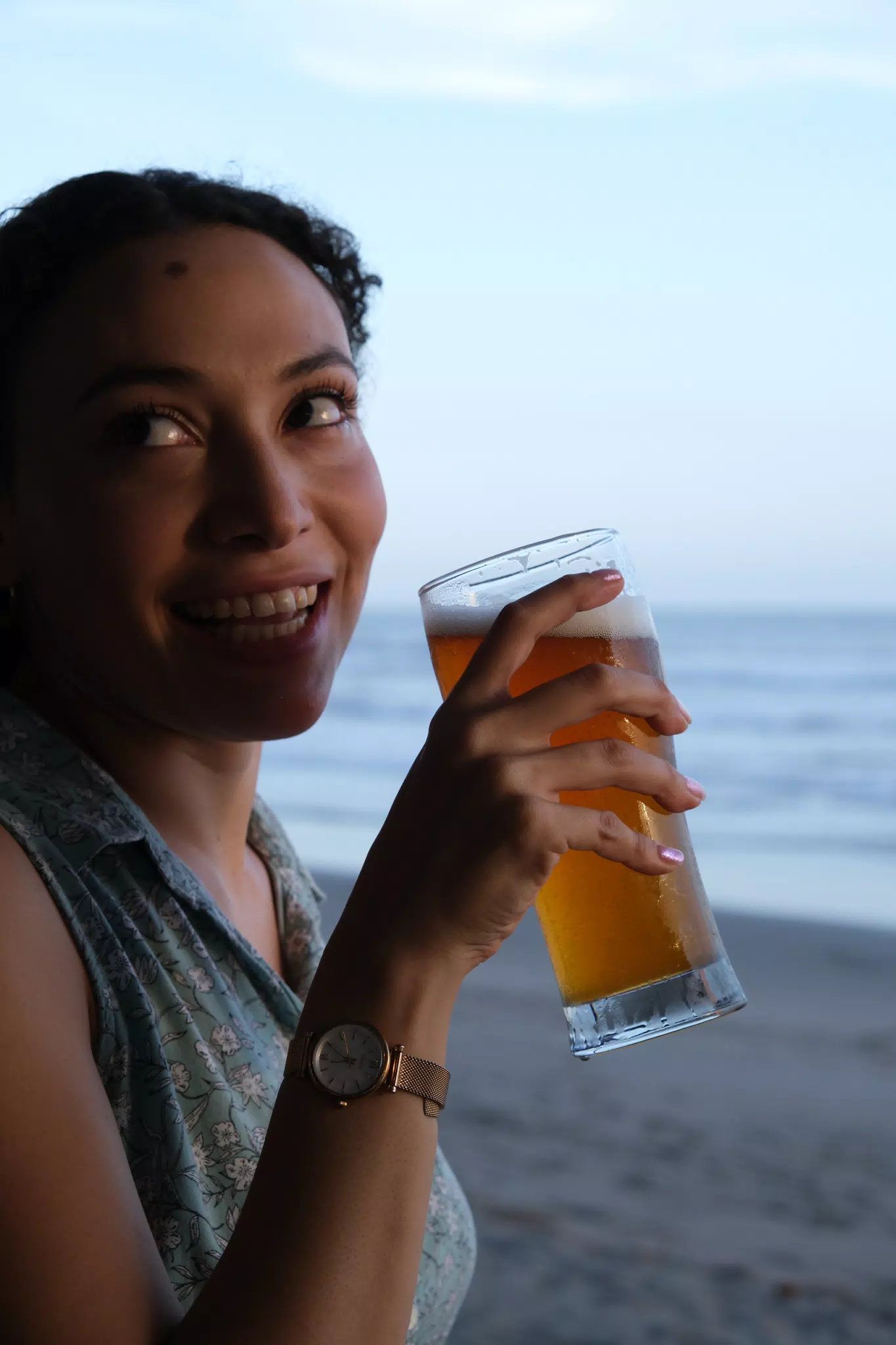 Isabel Smiling with beer