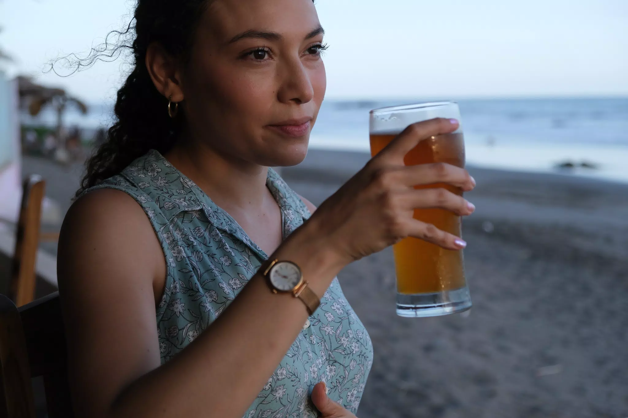Isabel with Beer on the Beach