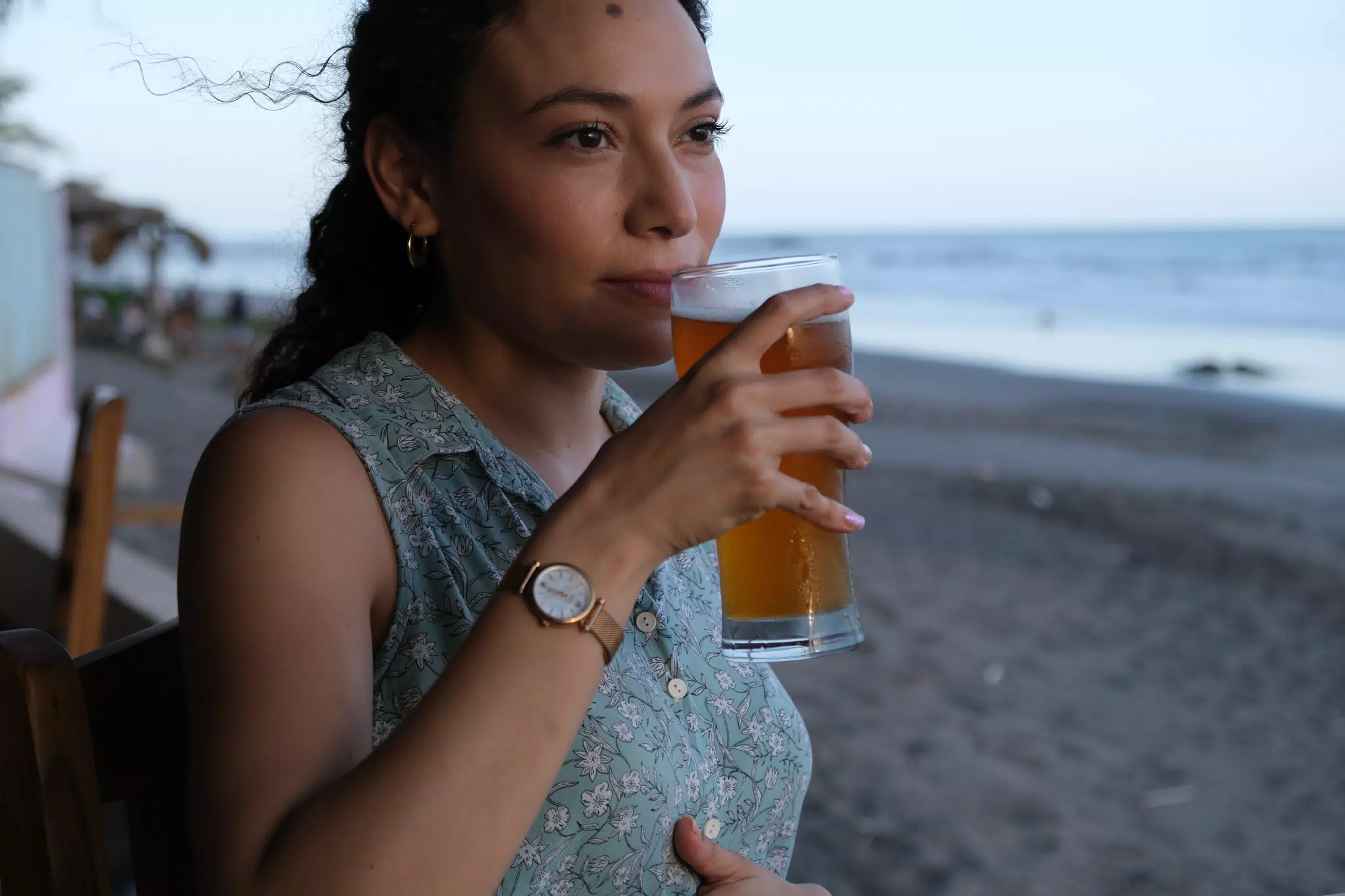 Isabel with Beer on Beach