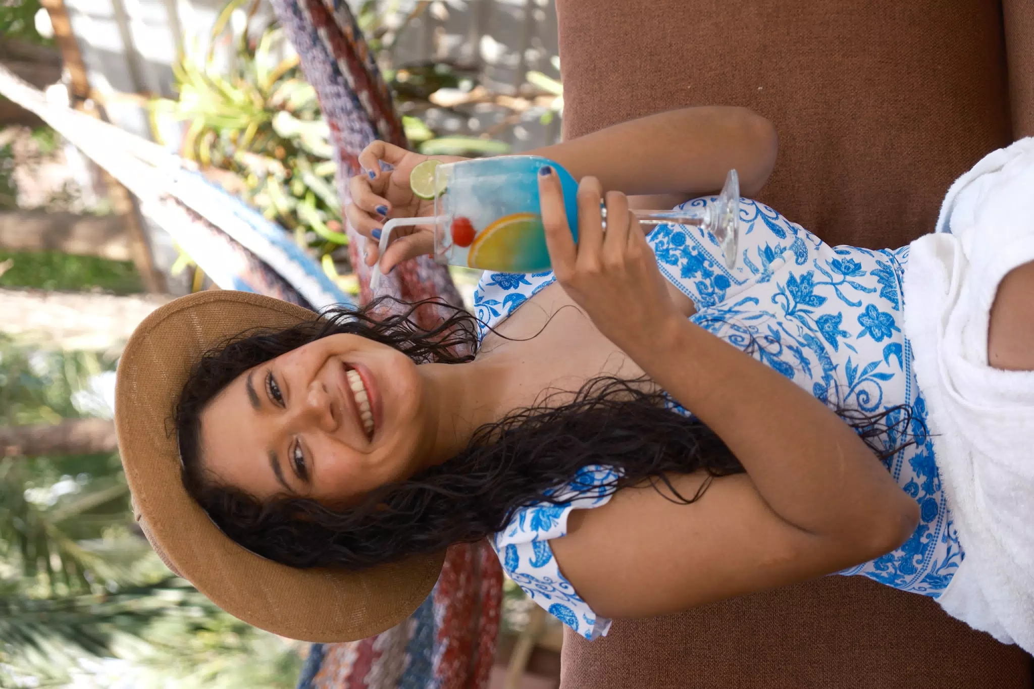 Marilyn in Swimsuit & Hat with Big Smile and Cocktail at El Escondite