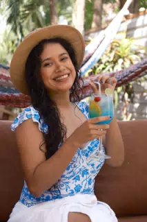 Marilyn in Swimsuit & Hat with Big Smile and Cocktail at El Escondite